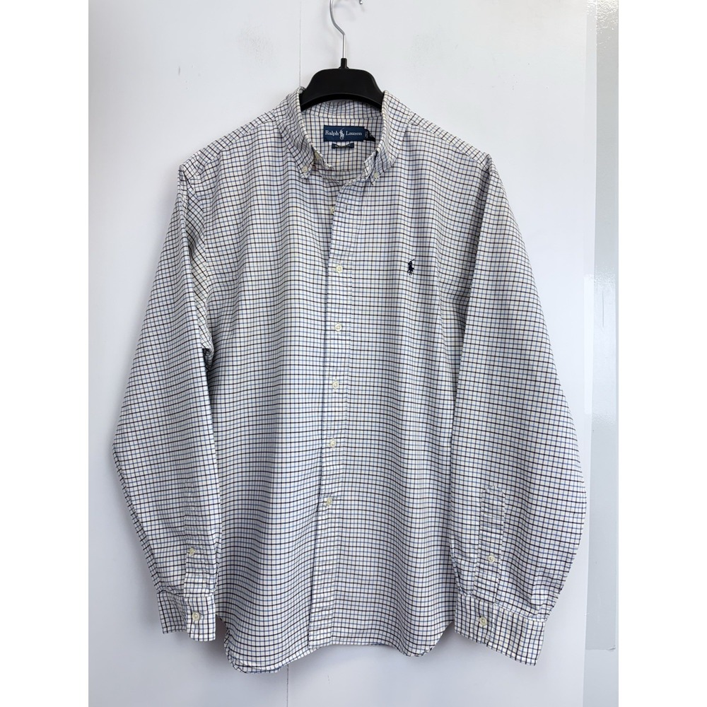 Ralph Lauren‎ Dress Shirt Men's Size Large White Blue Check Oxford Cotton Custom